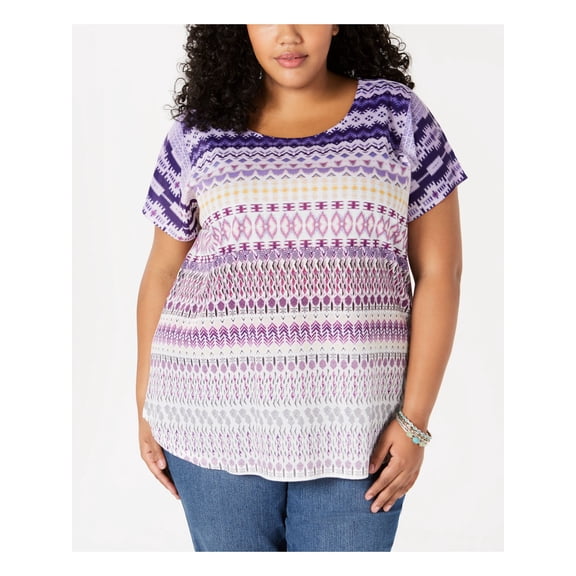 STYLE & COMPANY Womens New 0455 Purple Printed Short Sleeve Top 0X Plus B+B