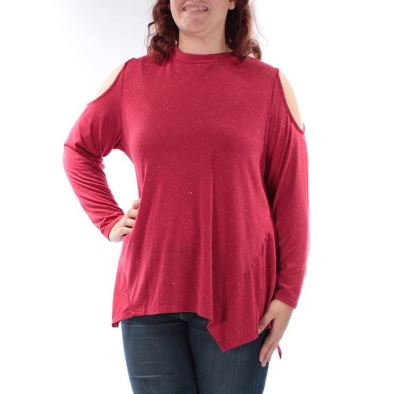 STYLE & CO Womens Red Glitter Long Sleeve Crew Neck Top Plus Size: 1X