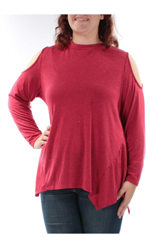 STYLE & CO Womens Red Glitter Long Sleeve Crew Neck Top Plus Size: 1X