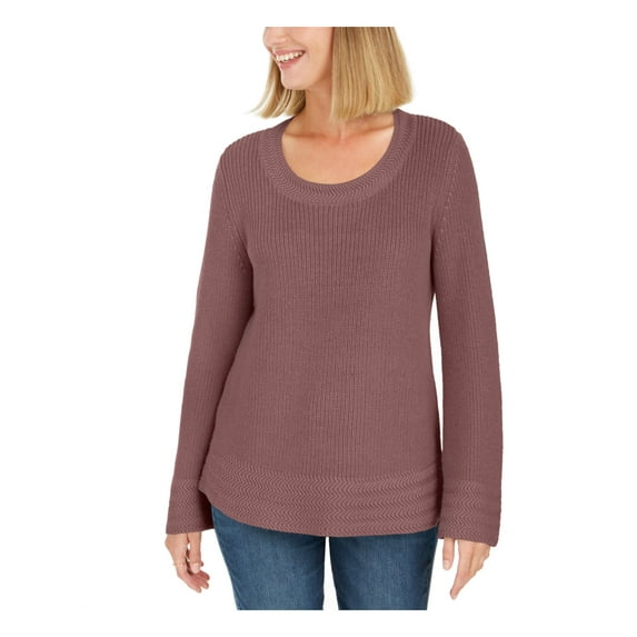 STYLE & COMPANY Womens Pink Textured Knitted Printed Long Sleeve Scoop Neck T-Shirt Petites PXL