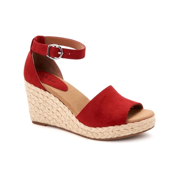 STYLE & COMPANY Womens Red Ankle Strap Comfort Seleeney Round Toe Wedge Buckle Espadrille Shoes 6 M