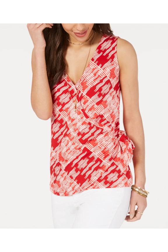 STYLE & COMPANY Womens Red Printed Sleeveless V Neck Wrap Top S