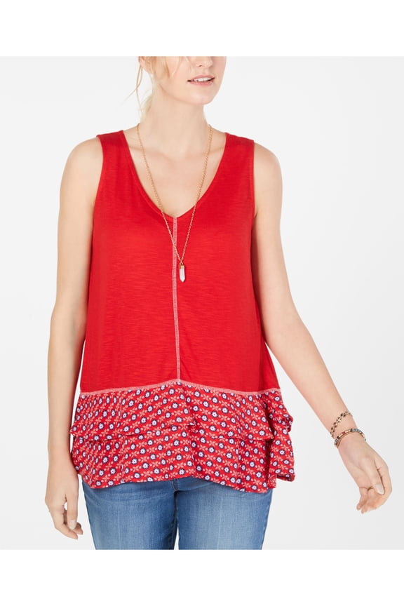STYLE & COMPANY Womens Red Ruffled Floral Sleeveless V Neck Top Size: M