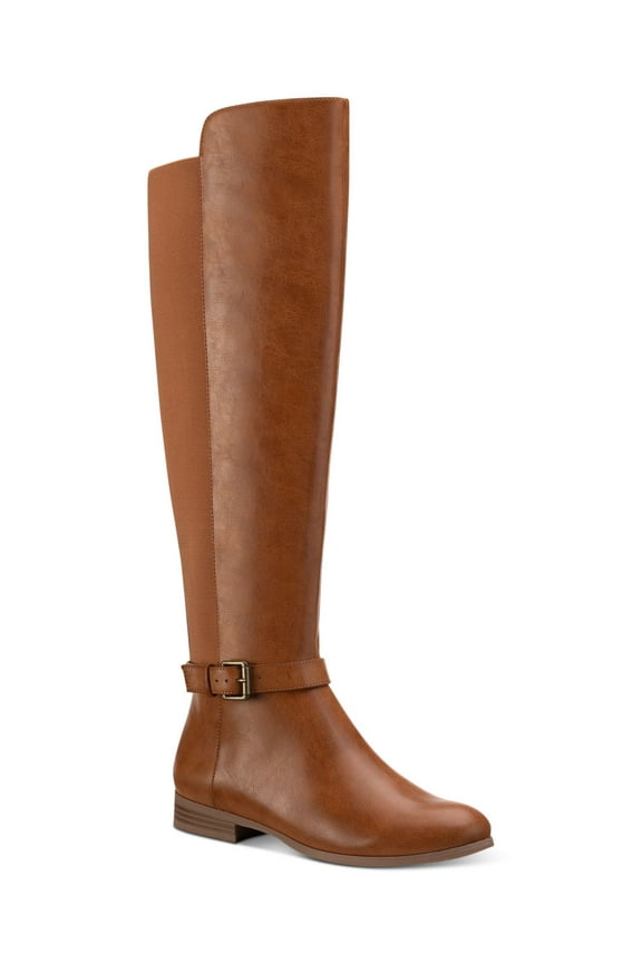 STYLE & COMPANY Womens Tan Brown Mixed Media Buckled Strap Goring Cushioned Kimmball Round Toe Block Heel Zip-Up Riding Boot 6 M