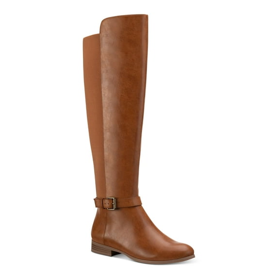 STYLE & COMPANY Womens Tan Brown Mixed Media Buckled Strap Goring Cushioned Kimmball Round Toe Block Heel Zip-Up Riding Boot 8 M WC
