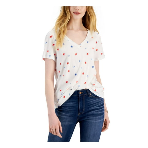 STYLE & COMPANY Womens White Ribbed Sheer Printed Short Sleeve V Neck T-Shirt Petites PL