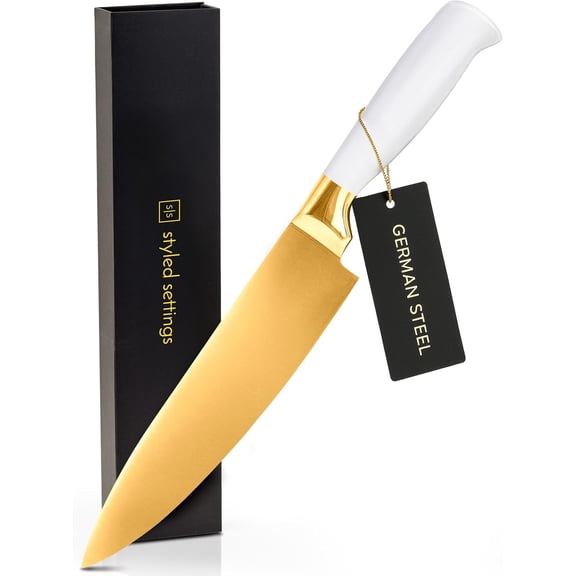 STYLED SETTINGS White and Gold Chef Knife – Stainless Steel Chef Knife with Gold Titanium Coating, Precision German Stainless Steel Blade – Luxury Kitchen Accessories - Ideal Cooking Gift
