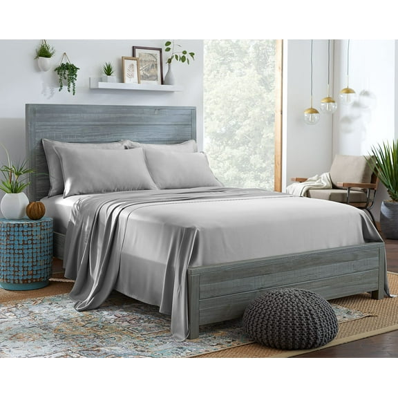 STYLINEN 100% Tencel Sheets King Size Bed Sheets 4pc Set, 100% Eucalyptus Lyocell Sheets Set, Silky Soft & Smooth, Breathable, 16" Deep Pockets, 1 Fitted, 1 Flat, 2 Pillowcases (King, Silver Pearl)