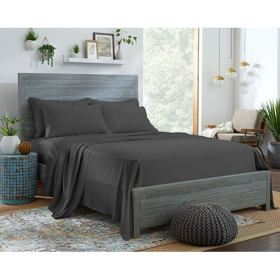 STYLINEN 100% Tencel Sheets King Size Bed Sheets 4pc Set, 100% Eucalyptus Lyocell Sheets Set, Silky Soft & Smooth, Breathable, 16" Deep Pockets, 1 Fitted, 1 Flat, 2 Pillowcases (King, Charcoal)