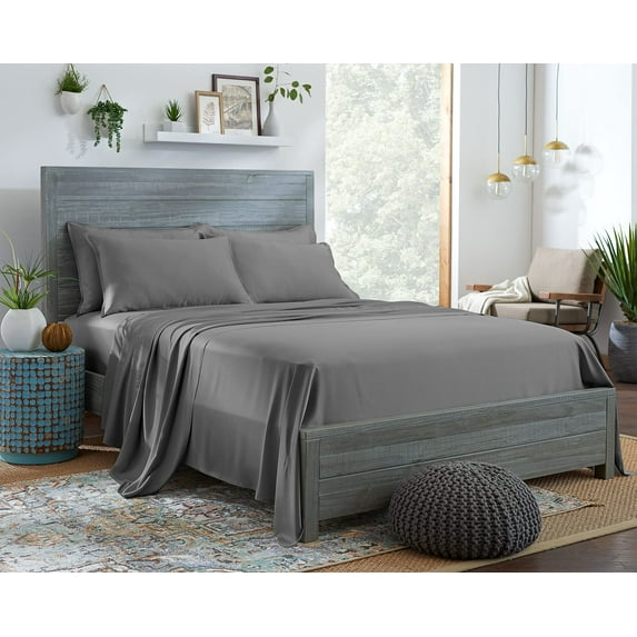 STYLINEN 100% Tencel Sheets King Size Bed Sheets 5pc Set, 100% Eucalyptus Lyocell Sheets Set, Silky Soft, Breathable, 16" Deep Pockets, 2 Fitted, 1 Flat, 2 Pillowcases (Split King, Stone Grey)