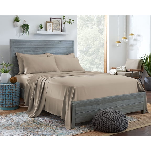 STYLINEN 100% Tencel Sheets Queen Size Bed Sheets 4pc Set, 100% Eucalyptus Lyocell Sheets Set, Silky Soft & Smooth, Breathable, 16" Deep Pockets, 1 Fitted, 1 Flat, 2 Pillowcases (Queen, Sand)