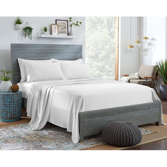 STYLINEN 100% Tencel Sheets Queen Size Bed Sheets 4pc Set, 100% Eucalyptus Lyocell Sheets Set, Silky Soft & Smooth, Breathable, 16" Deep Pockets, 1 Fitted, 1 Flat, 2 Pillowcases (Queen, White)