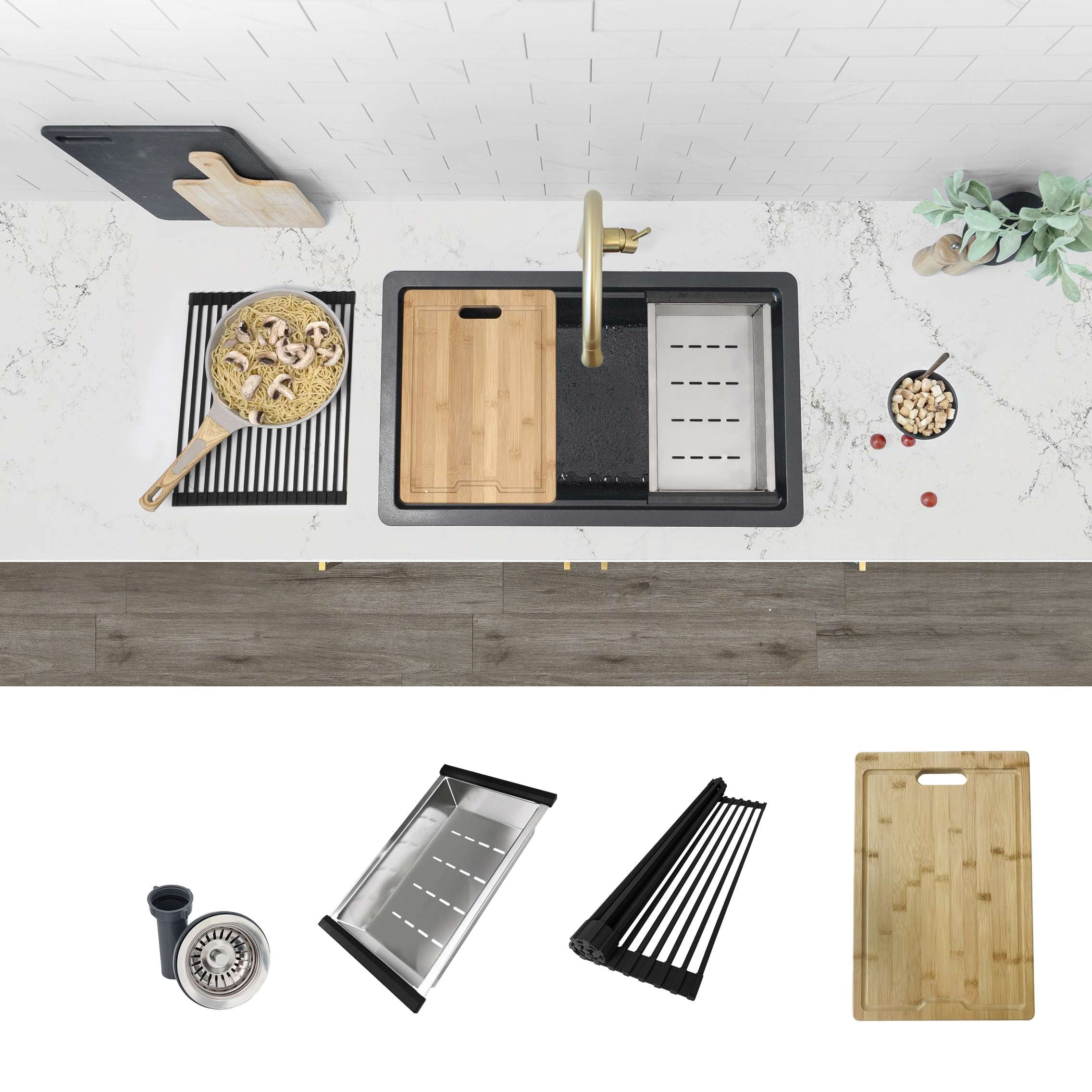 28-Inch Black Composite Granite Single-Bowl Drop-In Kitchen Sink