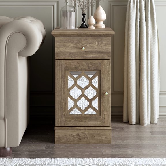 STYLIVIA 1-Door End Table with Drawer Decorative Panel Knotty Oak 15.75" W × 13.78" D × 25" H