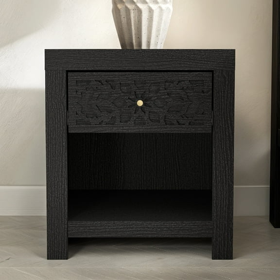STYLIVIA 1-Drawer Nightstand with Open Shelf Black Oak 17.8" W x 16.1" D x 20.3" H