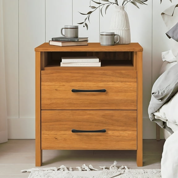 STYLIVIA 2-Drawer Nightstand with Open Shelf Amber Walnut 20.9" W x 15.7" D x 22.7" H