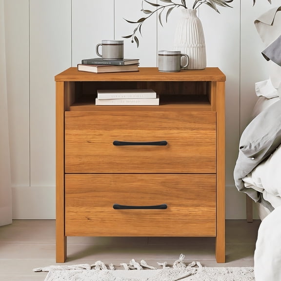 STYLIVIA 2-Drawer Nightstand with Open Shelf Amber Walnut 20.9" W x 15.7" D x 22.7" H