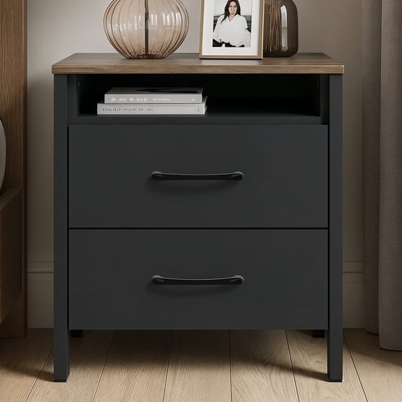 STYLIVIA 2-Drawer Nightstand with Open Shelf Black, Knotty Oak 20.9" W x 15.7" D x 22.7" H