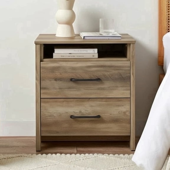 STYLIVIA 2-Drawer Nightstand for Adults with Open Shelf, Knotty Oak, 20.9" W x 15.7" D x 22.7" H