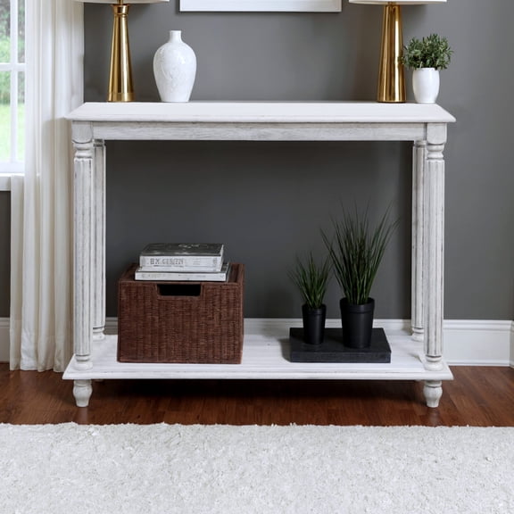 STYLIVIA 2-Tier Solid Wood Console Table Farmhouse Style Anti White 35.4" W × 11.8" D × 30" H
