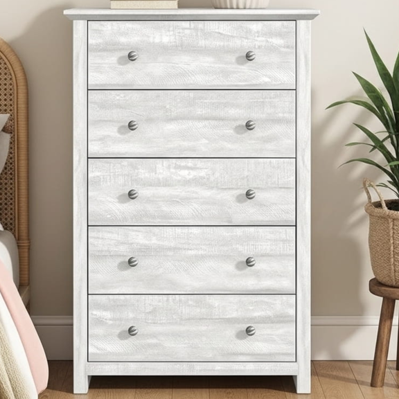 STYLIVIA 5 Drawer Tall Dresser for Adults with Interlock Safety Dusty Gray Oak 31.1" W x 16.3" D x 46.9" H
