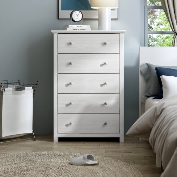 STYLIVIA 5 Drawer Chest with Interlock Safety Pearl White 31.1" W x 16.3" D x 46.9" H