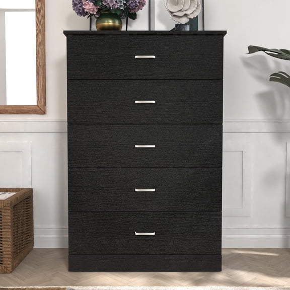 STYLIVIA 5 Drawer Chest with Metal Handles Black Oak 31.3" W x 15.6" D x 47.2" H