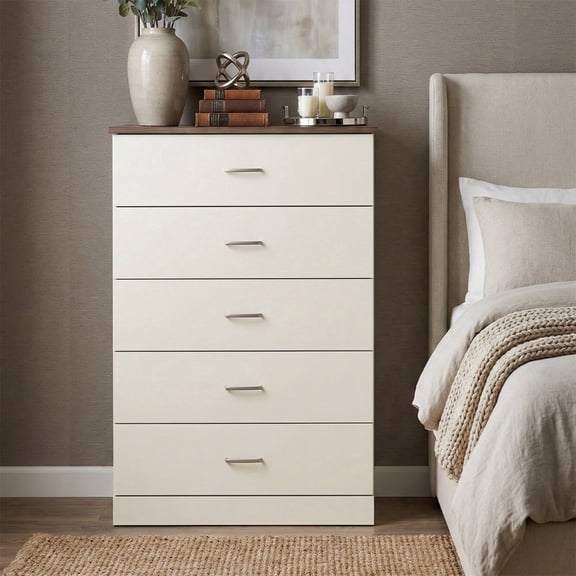 STYLIVIA 5-Drawer Dresser for Adults with Metal Handles, Ivory Knotty Oak, 31.3" W x 15.6" D x 47.2" H