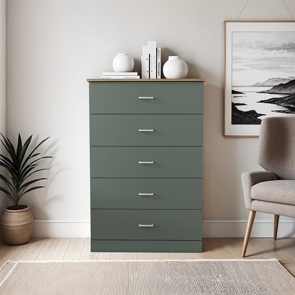 STYLIVIA 5 Drawer Chest with Metal Handles Kale Green, Reveira Eichi 31.3" W x 15.6" D x 47.2" H