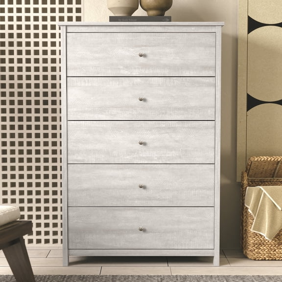 STYLIVIA 5 Drawer Chest with Metal Knobs Dusty Gray Oak 31.3" W x 15.6" D x 47.7" H