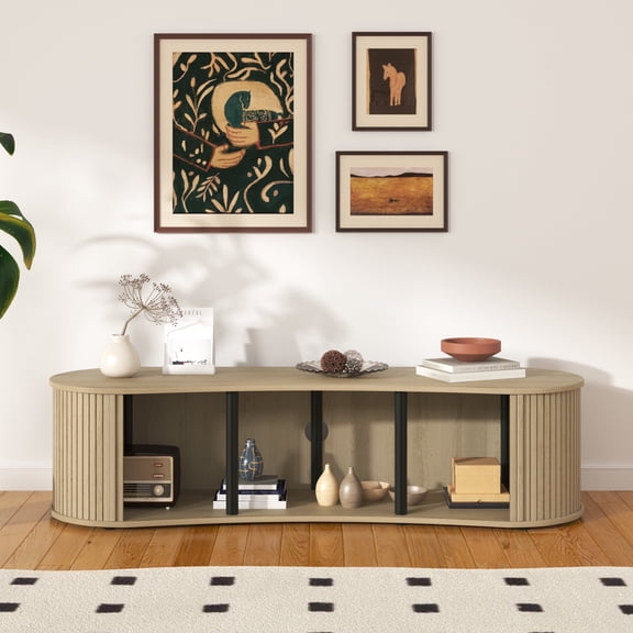 STYLIVIA 59" TV Stand with Sliding Tambour Door Oval Entertainment Console Wood Oslo Oak 59"W x 17.7"D x 14.9"H