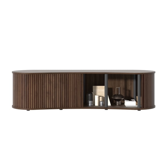 STYLIVIA 59" TV Stand with Sliding Tambour Door Oval Entertainment Console Wood Royal Walnut 59"W x 17.7"D x 14.9"H