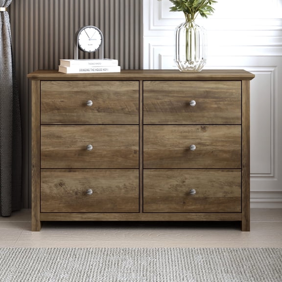 STYLIVIA 6-Drawer Double Dresser with Interlock Knotty Oak 46.9″ W x 16.4″ D x 32″ H