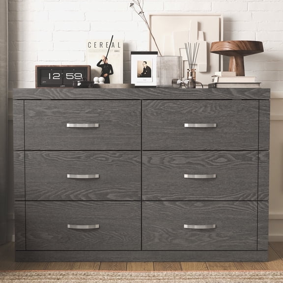 STYLIVIA 6-Drawer Double Dresser with Smooth Glide Drawers Dark Gray Oak 46.5" W x 16.2" D x 31.1" H