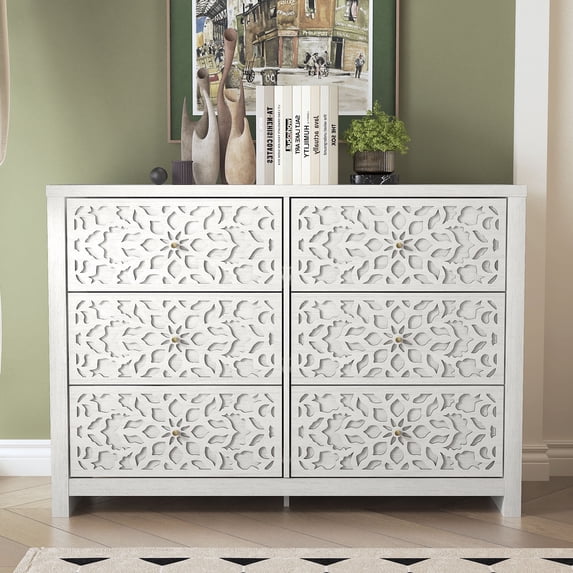 STYLIVIA 6-Drawer Dresser with Laser-Cut Drawer Fronts Pearl White 45.4"W x 15.7"D x 32"H