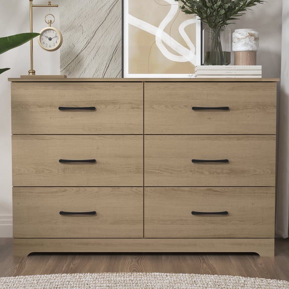 STYLIVIA 6 Drawer Dresser with Metal Bar Handles Oslo Oak 47.0" W x 15.6" D x 31.7" H