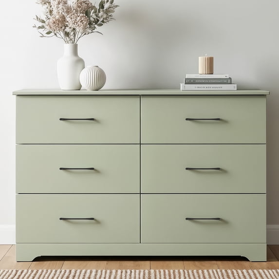 STYLIVIA 6 Drawer Dresser with Metal Bar Handles Sage Green 47.0" W x 15.6" D x 31.7" H