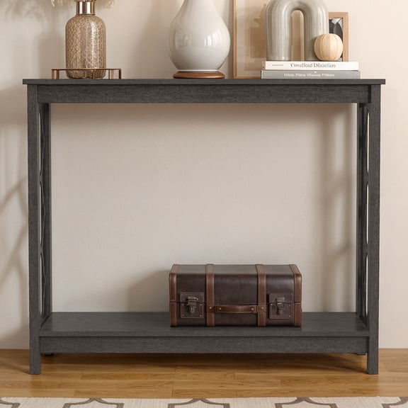 STYLIVIA Console Table with Lower Shelf Decorative Cutout Dark Gray Oak 38" W x 11.6" D x 31.5" H