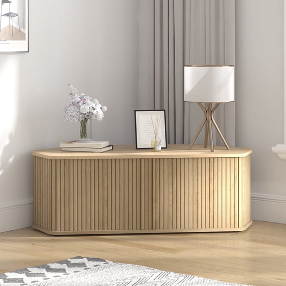 STYLIVIA Corner TV Stand with Sliding Tambour Doors Wood Black 43.27" W x 20" D x 14.8" H