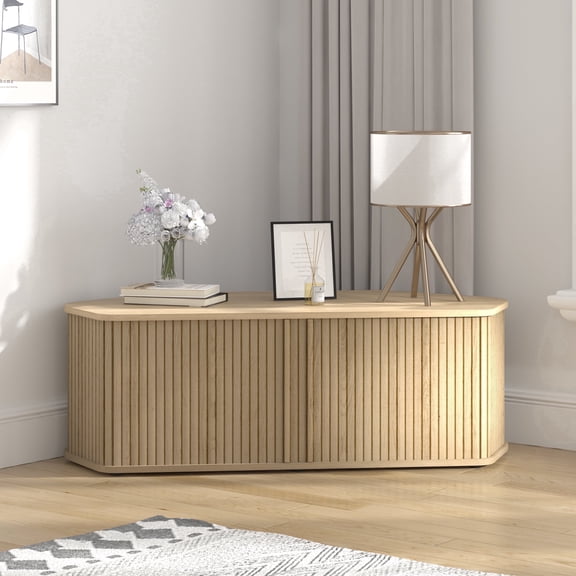 STYLIVIA Corner TV Stand with Sliding Tambour Doors Wood Black 43.27" W x 20" D x 14.8" H