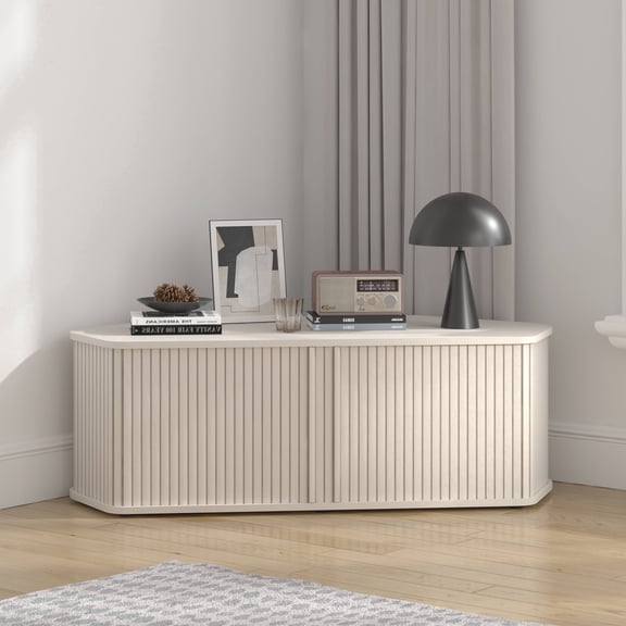 STYLIVIA Corner TV Stand with Sliding Tambour Doors Wood Parchment 43.27" W x 20" D x 14.8" H