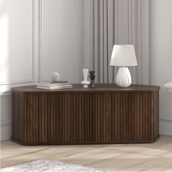 STYLIVIA Corner TV Stand with Sliding Tambour Doors Wood Royal Walnut 43.27" W x 20" D x 14.8" H