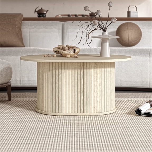 STYLIVIA Fluted Oblong Coffee Table Modern Pedestal Base Oslo Oak 31" W x 21.7" D x 14.9" H