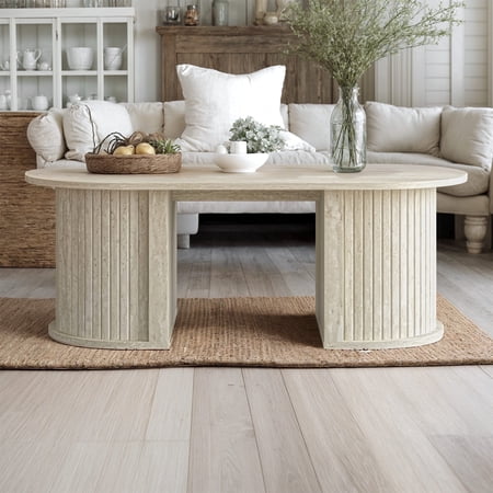 STYLIVIA Coffee Table with Fluted Base, Travertine Finish, 39.2" W x 19.5" D x 14.9" H
