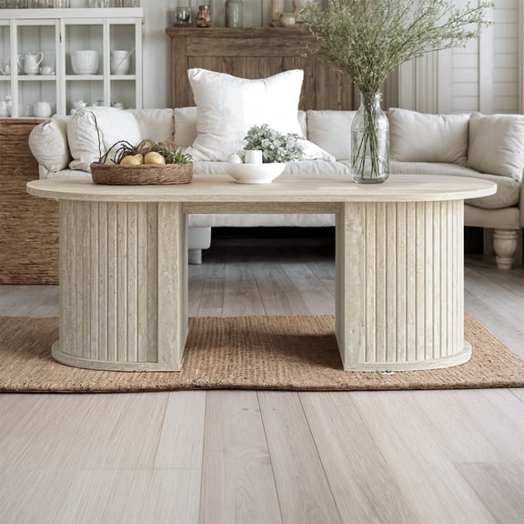 STYLIVIA Coffee Table with Fluted Base, Travertine Finish, 39.2" W x 19.5" D x 14.9" H