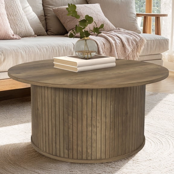 STYLIVIA Fluted Round Coffee Table Modern Wood Base Knotty Oak 31.1″ W x 31.1″ D x 14.9″ H