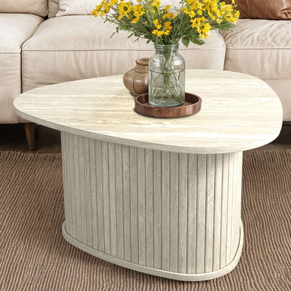 STYLIVIA Fluted Triangle Coffee Table Modern Wood Travertine 27.6" W x 26.7" D x 14.9" H