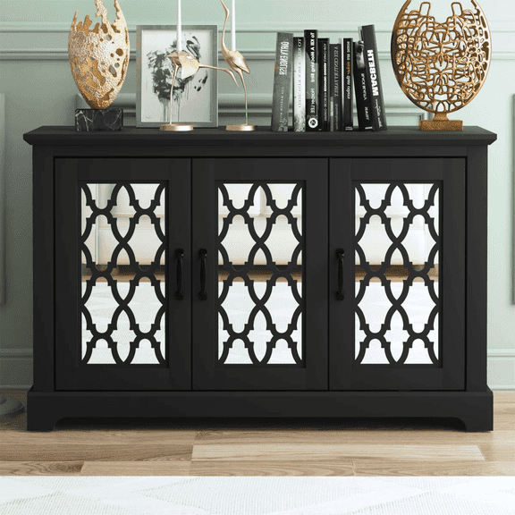 STYLIVIA Heron Modern Wood 3 Door Wide Sideboard Cabinet with Adjustable Shelves, Black