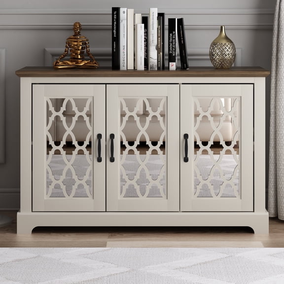 STYLIVIA Heron 3 Door Wide Sideboard, Ivory & Knotty Oak