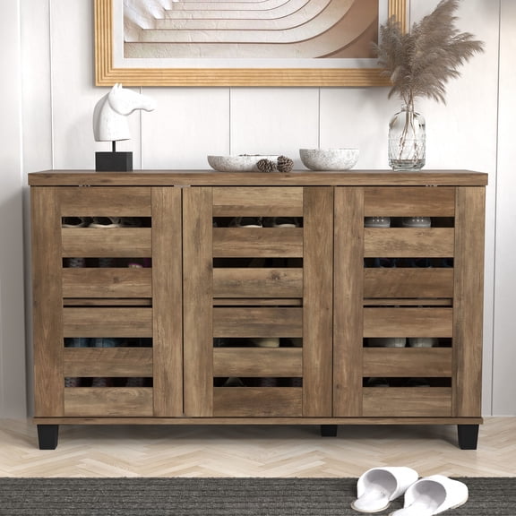 STYLIVIA Lismore 3 Door Shoe Cabinet, Knotty Oak